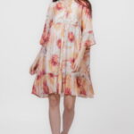 Rochie de vara midi cu imprimeu flori mari portocalii