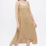 Rochie din in, cu bretele reglabile si elastic la spate, camel
