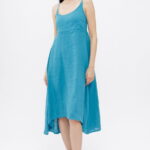 Rochie din in, cu bretele reglabile si elastic la spate, turcoaz