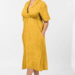 Rochie din in, cu decolteu in V si siret sub bust, mustar
