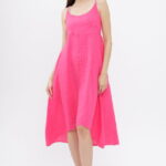 Rochie din in, cu bretele reglabile si elastic la spate, fucsia