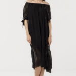 Rochie din matase si vascoza cu detalii feminine si croiala lejera, neagra