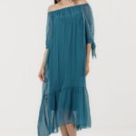 Rochie din matase si vascoza cu detalii feminine si croiala lejera, turcoaz inchis