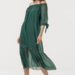 Rochie din matase si vascoza cu detalii feminine si croiala lejera, verde forest