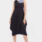 Rochie din poplin de bumbac petrecuta, cu colturi laterale, neagra