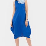Rochie din poplin de bumbac petrecuta, cu colturi laterale, albastra