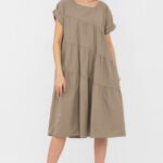 Rochie din poplin satinat cu volane oblice, bej inchis