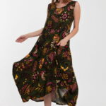Rochie fara maneci kaki, lalea, in colturi, cu imprimeu, din vascoza