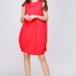 Rochie rosie, din poplin de bumbac, cu noduri laterale