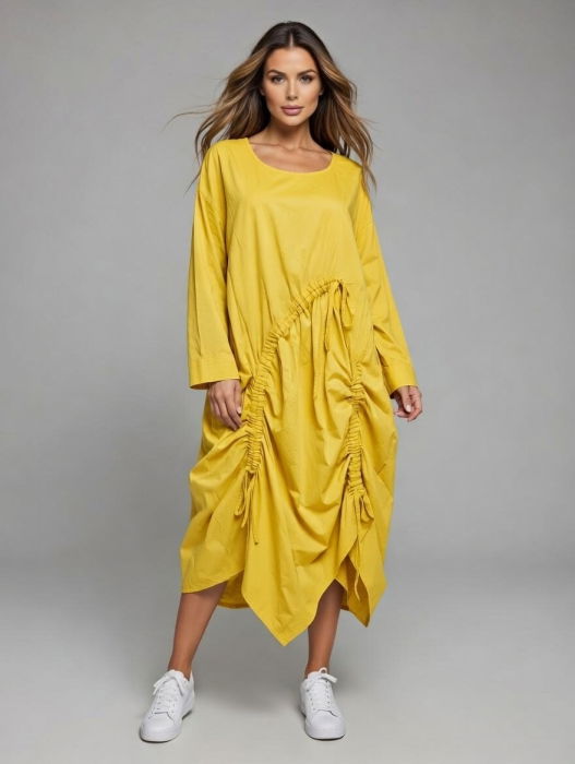 rochie-galbena-din-poplin-de-bumbac-cu-falduri-si-boboci-aplicati-copie-633258 Rochie midi galbena cu design asimetric si detalii drapate - imagine 1