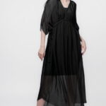 Rochie   Goddess   din matase si vascoza cu snur impletit pe decolteu si talie, neagra