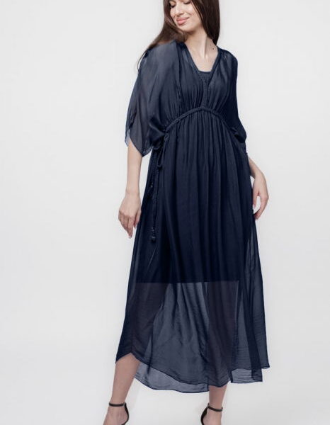 Rochie   Goddess   din matase si vascoza cu snur impletit pe decolteu si talie, bleumarin