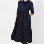 Rochie gogosar cu guler, din tafta si tricot bleumarin, uni