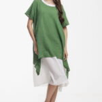 Rochie lejera din bumbac cu doua straturi si croi asimetric, alb-verde