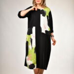 Rochie lunga A-line neagra cu insertii print verde, din jerseu de bumbac