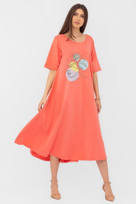 rochie-lunga-a-line-corai-din-tricot-de-bumbac-copie-399216 Rochie lunga A-line corai, din tricot de bumbac cu imprimeu chip stilizat - imagine 1