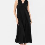 Rochie lunga A-line cu decolteu in V, din poplin de bumbac, neagra