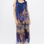 Rochie lunga A-line, cu imprimeu vegetal pe fond bleumarin