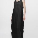 Rochie lunga A-line din in, fara maneci, neagra