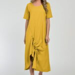 Rochie lunga A-line din in mercerizat cu siret la poale, galben mustar