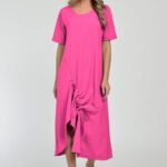 Rochie lunga A-line din in mercerizat cu siret la poale, fucsia