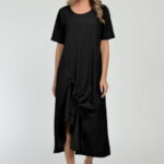 Rochie lunga A-line din in mercerizat cu siret la poale, neagra