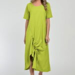 Rochie lunga A-line din in mercerizat cu siret la poale, verde lime