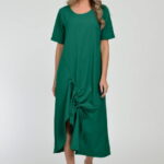Rochie lunga A-line din in mercerizat cu siret la poale, verde inchis