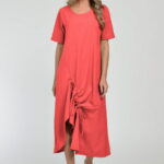 Rochie lunga A-line din in mercerizat cu siret la poale, corai