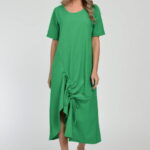 Rochie lunga A-line din in mercerizat cu siret la poale, verde smarald