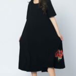 Rochie lunga A-line, bleumarin, cu imprimeu maci