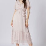 Rochie lunga din matase si vascoza, cu bust petrecut, roz prafuit