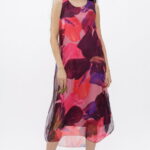 Rochie lunga A-line, cu imprimeu fucsia, corai si bordo