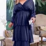 Rochie lunga suprapusa din matase, cu trei volane mari si maneca lunga, bleumarin