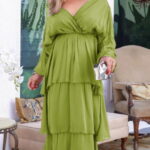 Rochie lunga suprapusa din matase, cu trei volane mari si maneca lunga, verde oliv