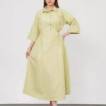 Rochie lunga tip camasa din poplin satinat de bumbac, verde menta