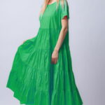 Rochie lunga verde cu patru volane