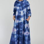 Rochie maxi,  A-line, din in, cu guler amplu, cu imprimeu boem tie-dye bleumarin