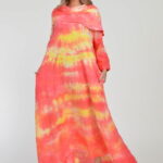 Rochie maxi,  A-line, din in, cu guler amplu, cu imprimeu boem tie-dye corai