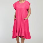 Rochie midi A-line din in mercerizat cu buzunare si volan, fucsia