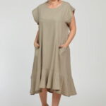 Rochie midi A-line din in mercerizat cu buzunare si volan, bej