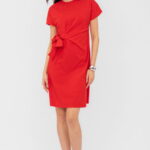 Rochie midi, rosie, din vascoza, petrecuta pe talie