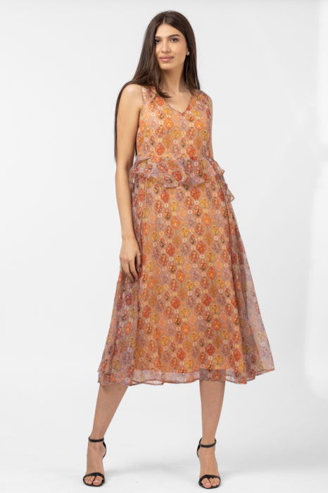 rochie-midi-cu-volane-rosu-caramiziu-si-imprimeu-floricele-copie-263758 Rochie lunga diafana, orange, cu imprimeu oriental - imagine 1