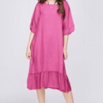 Rochie midi din in fucsia cu volane din matase si funda pe spate