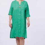 Rochie tunica din in verde, cu nasture metalic decorativ