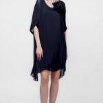 Rochie midi, dreapta, din matase si vascoza, cu funda pe spate, bleumarin