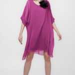Rochie midi, dreapta, din matase si vascoza, cu funda pe spate, mov zmeura