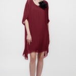 Rochie midi, dreapta, din matase si vascoza, cu funda pe spate, bordo