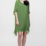 Rochie midi, dreapta, din matase si vascoza, cu funda pe spate, verde oliv