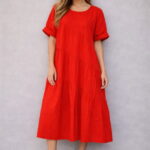 Rochie midi oversized din poplin de bumbac ,   stil lejer natural, rosie